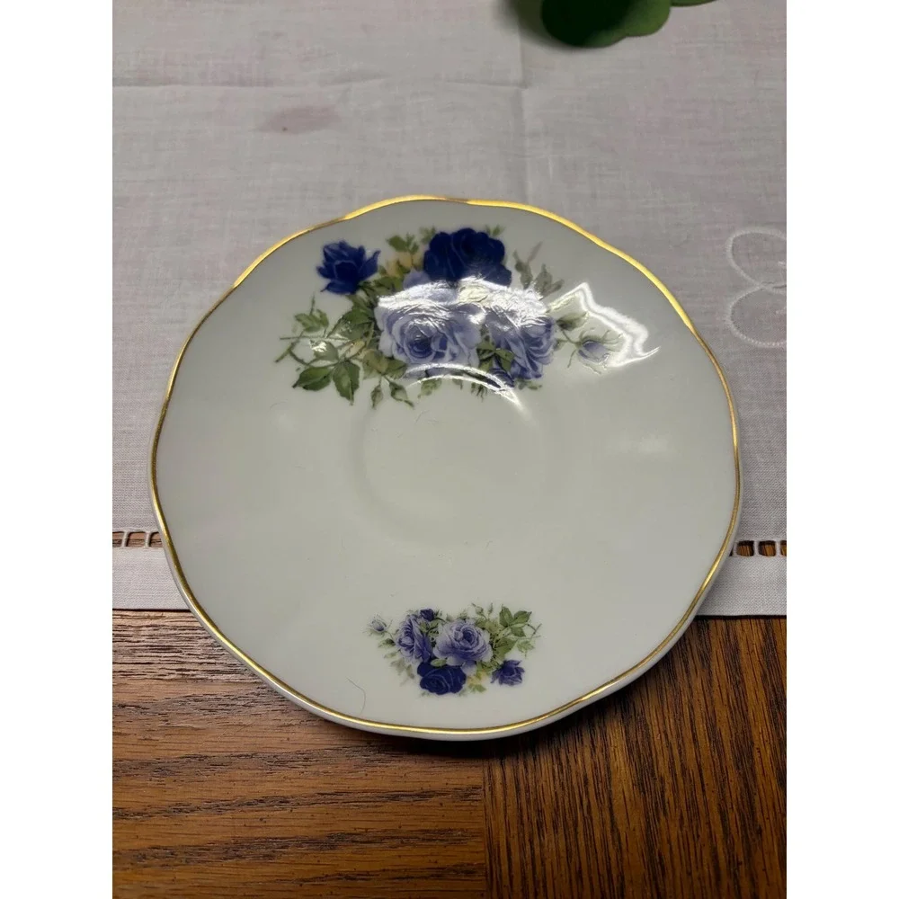 Vintage Blue Rose‎ Porcelain Saucer | Gold Gilded Rim Tea Party Decor
